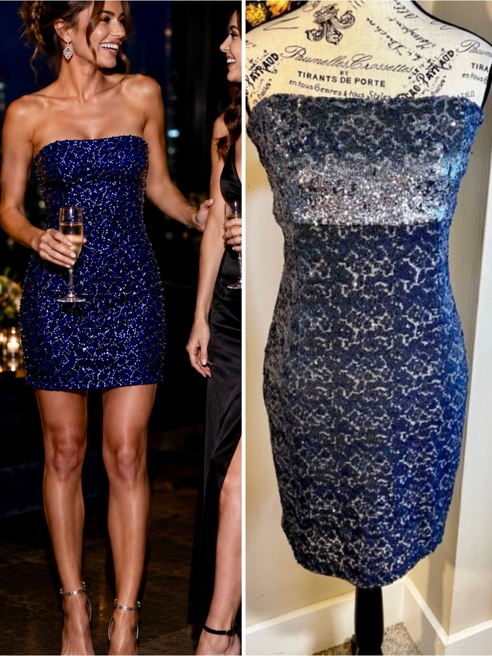 Alice + Olivia Strapless Sequin Cocktail Dress Metallic Blue Silver Party Sz 6💛